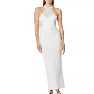 Hervé Léger Ivory Bandage Midi Dress w/ Illusion Neckline | Alabaster | Sixe XS
